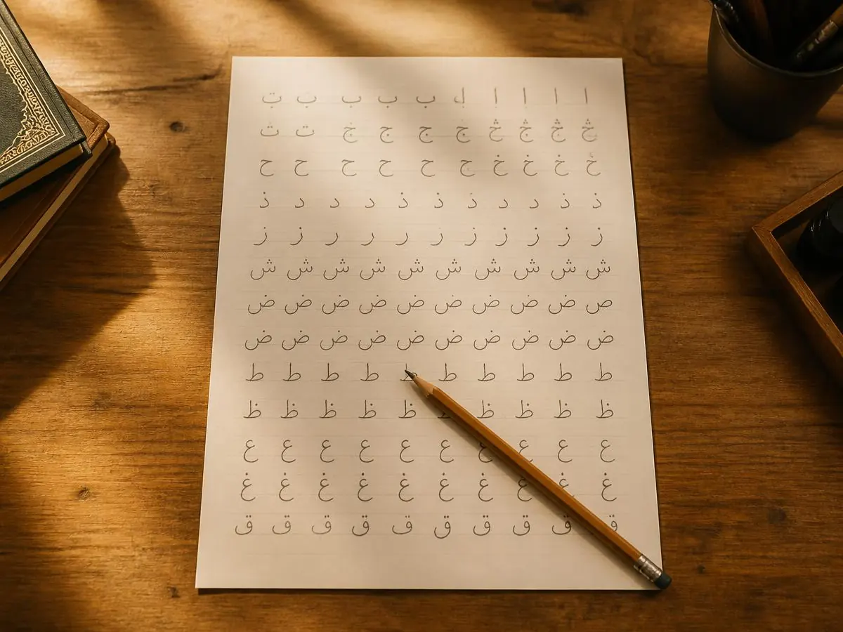 Arabic alphabet letters handwritten across a practice sheet