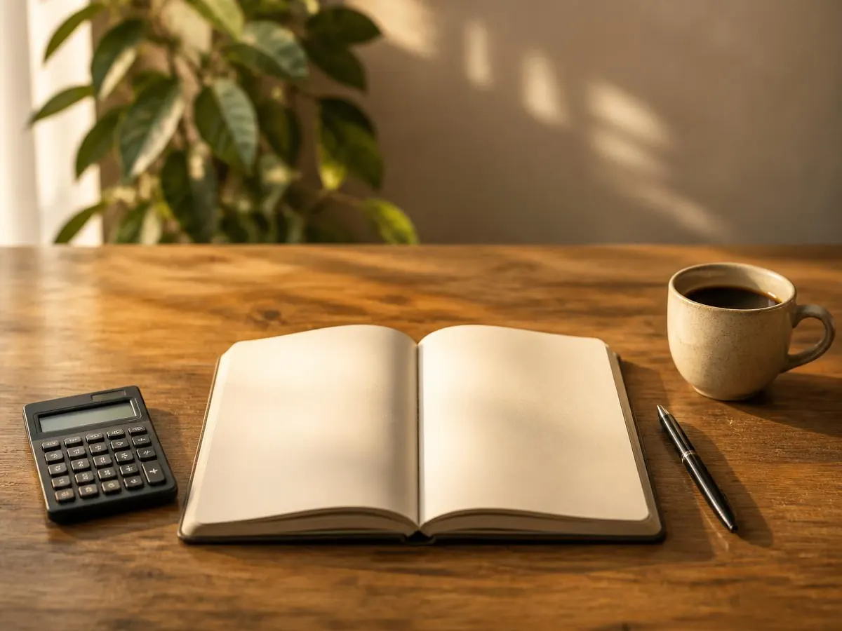 Un caiet cu un buget de curs calculat, lângă un calculator de birou
