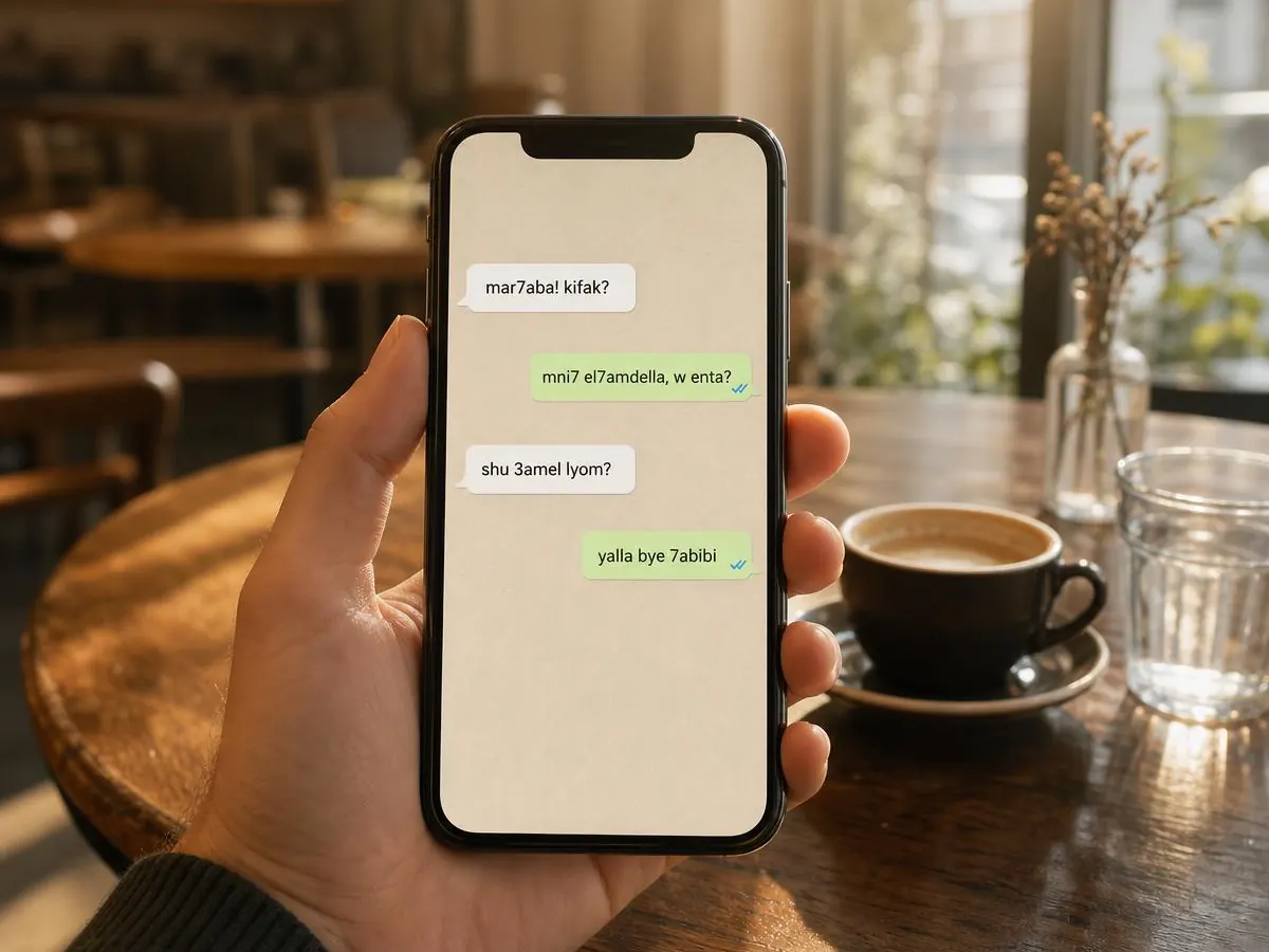 A phone screen showing a chat written in Arabizi, using Latin letters