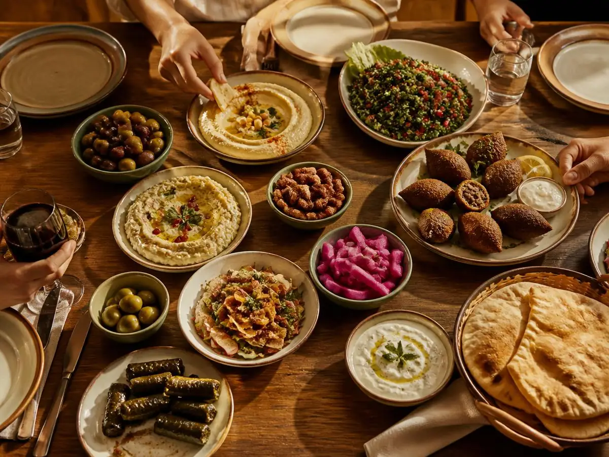 A Lebanese mezze spread shared across a full table