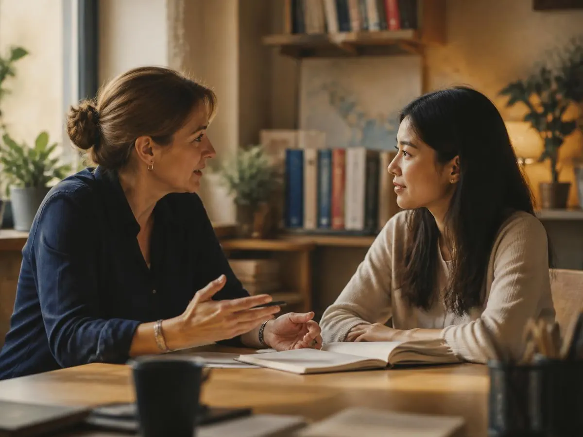 A teacher and student in a one-to-one lesson, face to face