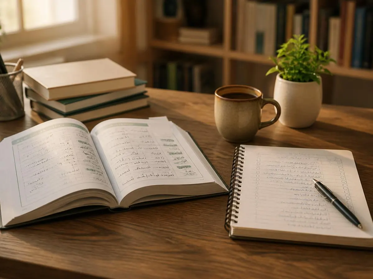 A study desk with an Arabic textbook, notebook and a learning plan