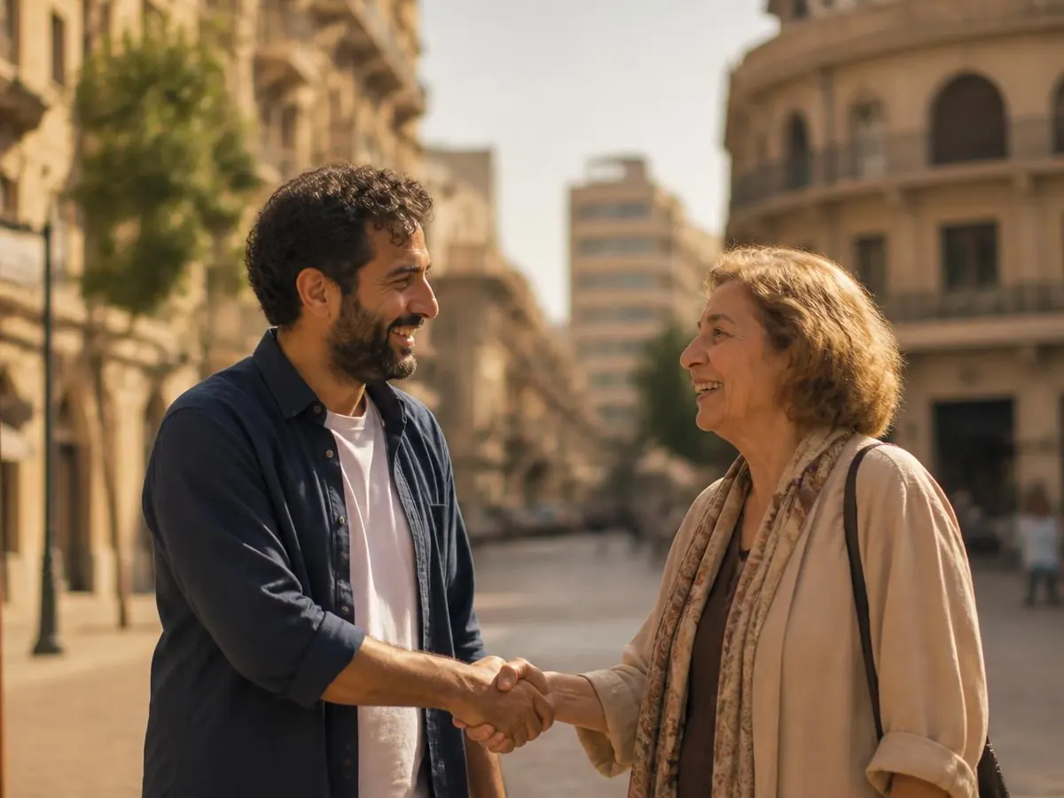 Two people greeting each other warmly on a Beirut street