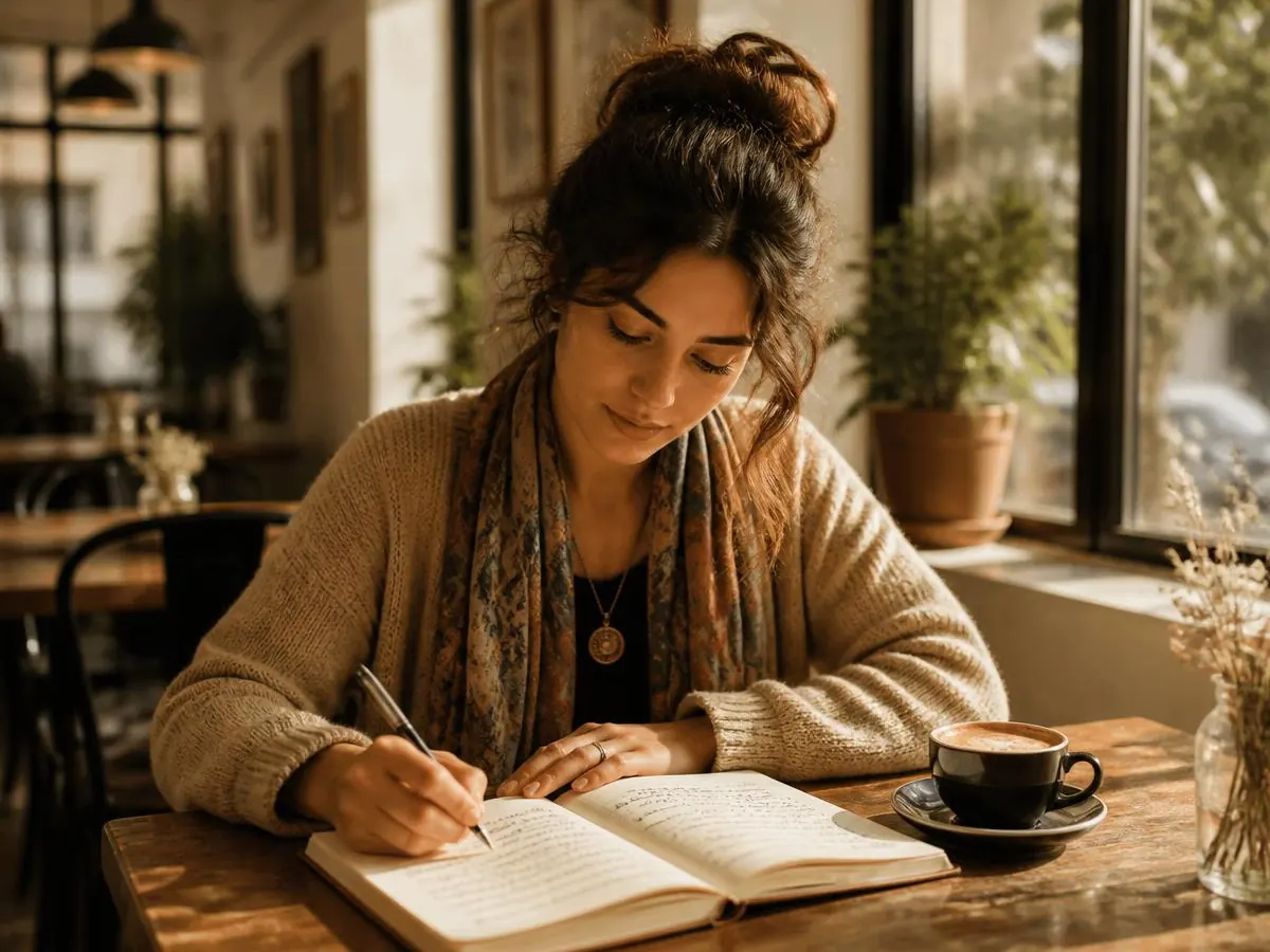 A learner taking notes in Arabic at a bright café table