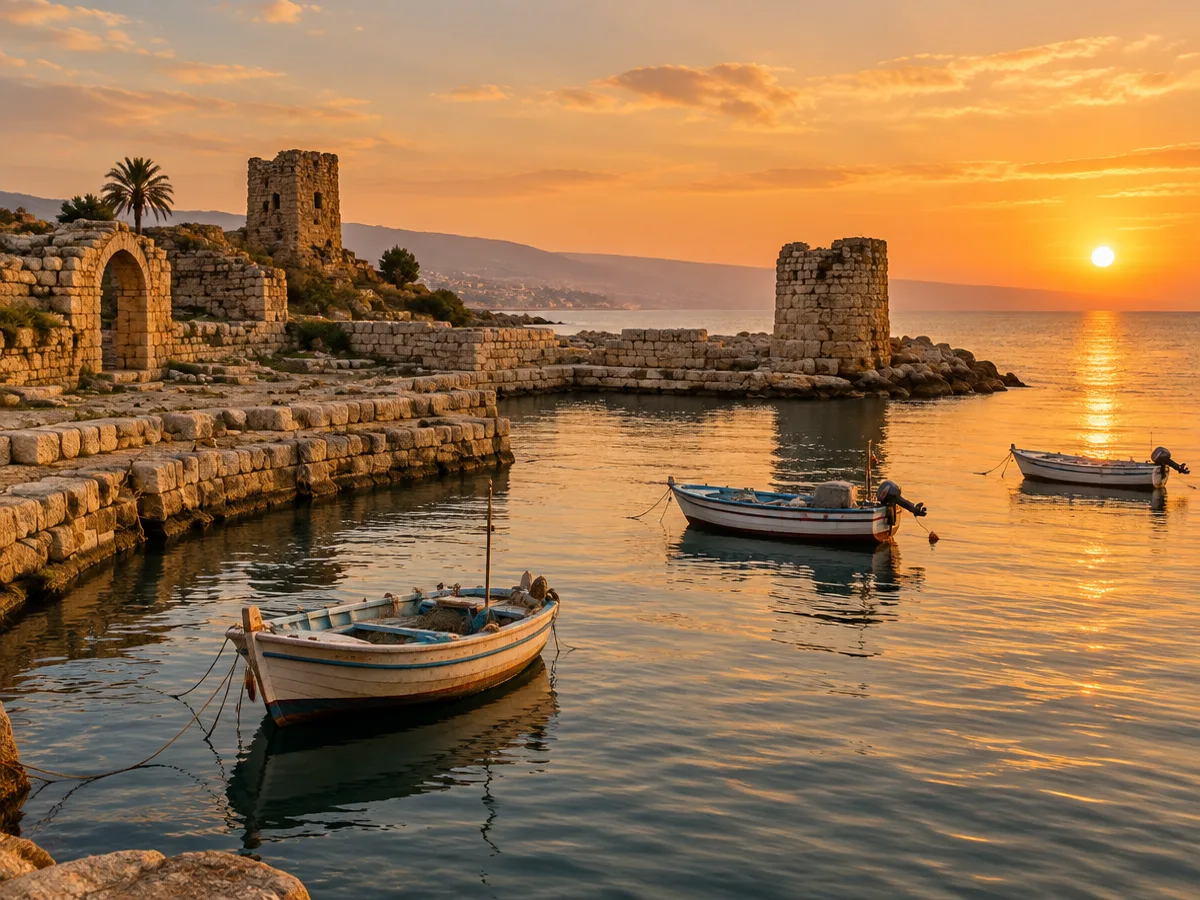 The ancient harbour of Byblos at sunset: old stone walls, small fishing boats and the Mediterranean in golden light