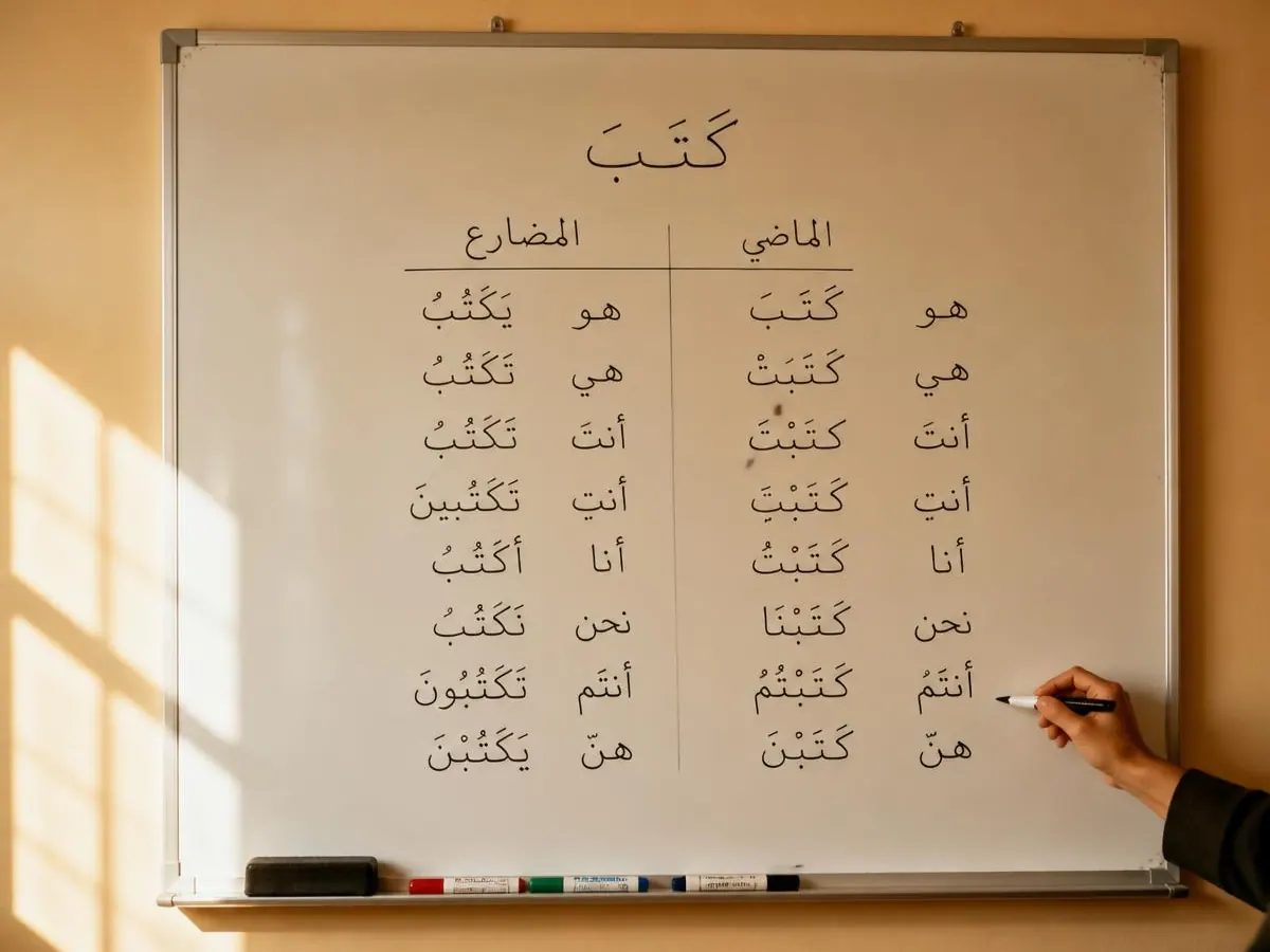 A whiteboard showing an Arabic verb conjugated step by step