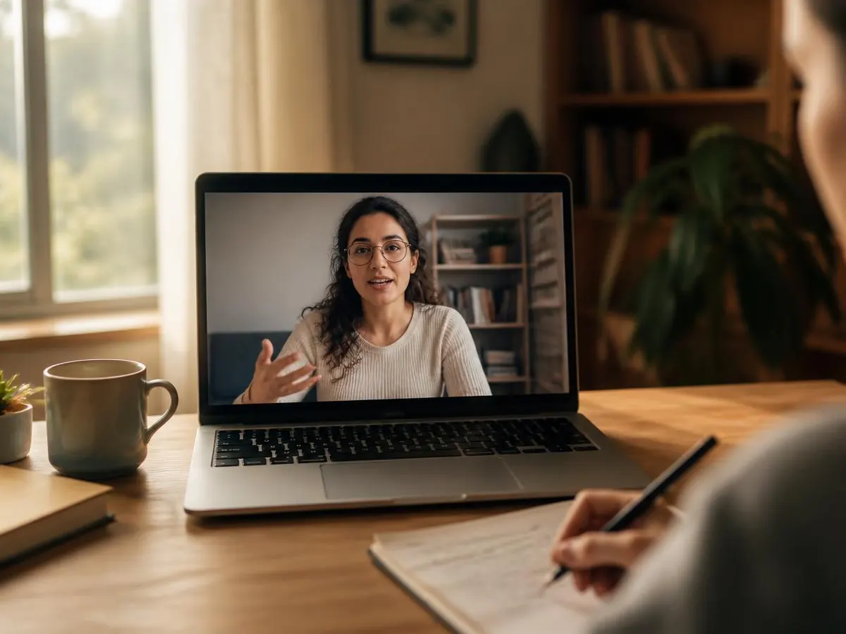 A laptop showing a live Arabic video lesson at home
