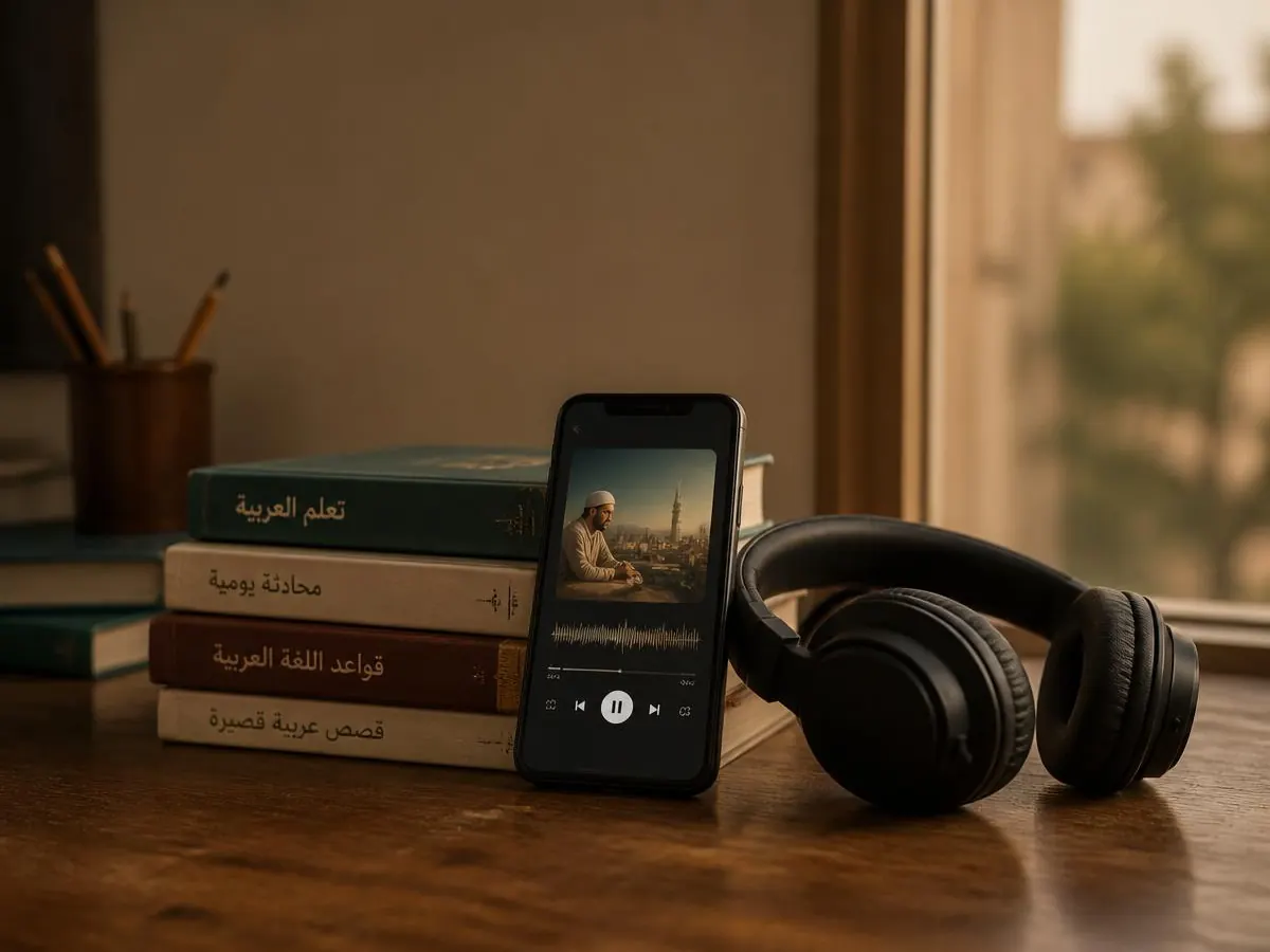 A phone playing an Arabic podcast beside headphones and study books on a desk
