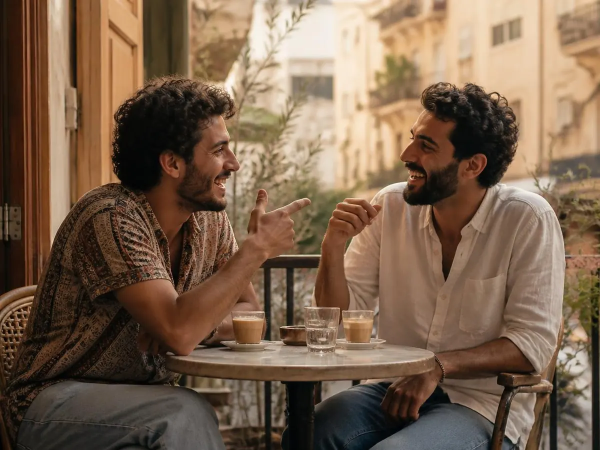 Two friends in conversation at a Beirut café table