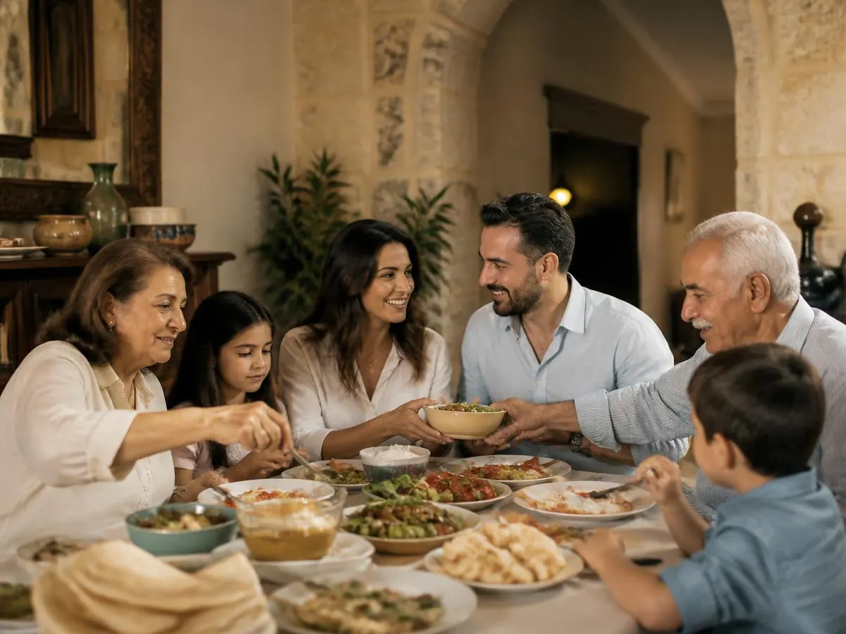 A three-generation Lebanese family gathered around a table