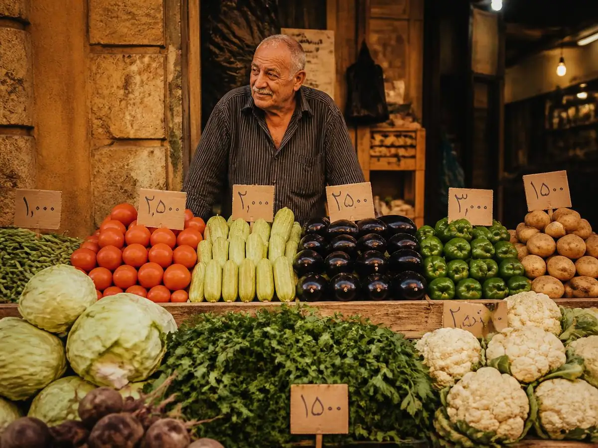 A Beirut market stall with prices handwritten in Arabic numerals