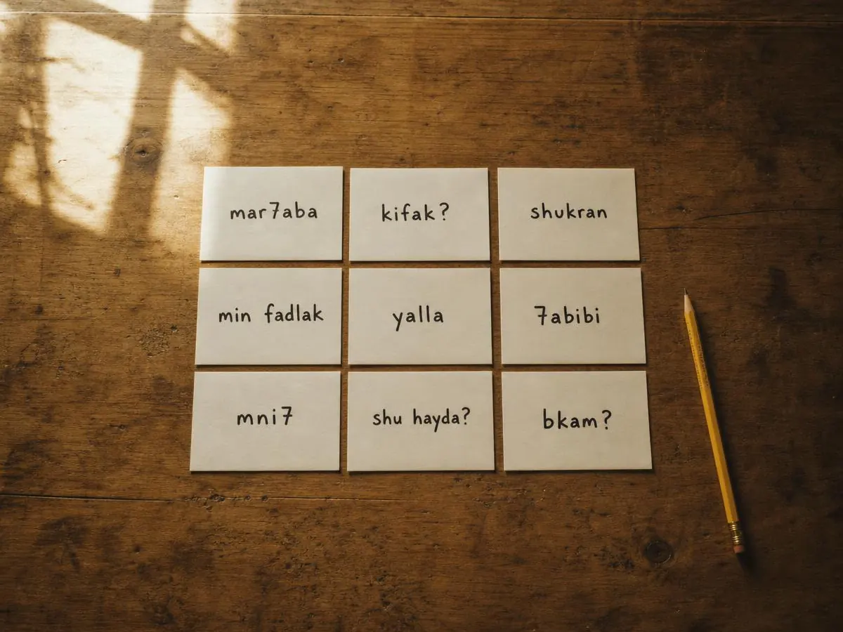 Flashcards of Lebanese phrases laid out on a table
